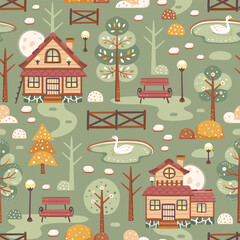 Seamless pattern with cute cozy cabins, trees, benches, lakes and moons in a green autumn forest. Repeated surface vector design.