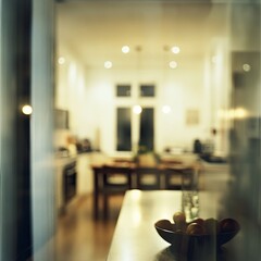 Abstract blurred image of a kitchen with soft lighting for background use Blurred interior background concept in white tones. with copy space image. Place for adding text or design