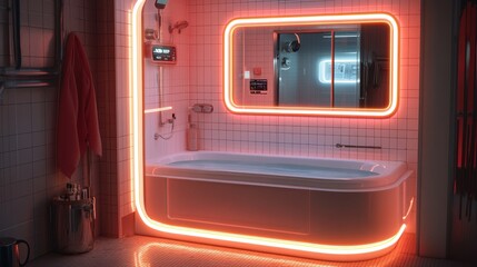 Obraz premium A modern bathroom featuring a glowing neon border around the tub and mirror, creating a stylish, vibrant atmosphere.