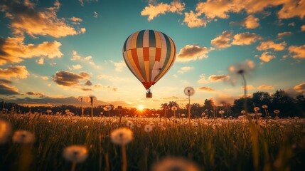 Obraz premium Hot air balloon warm light, blue sky with clouds