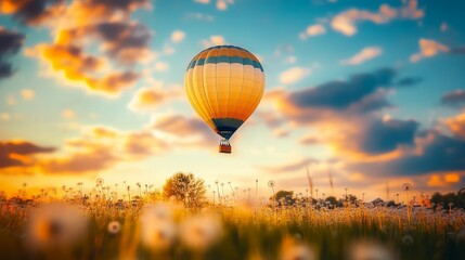 Fototapeta premium Hot air balloon warm light, blue sky with clouds