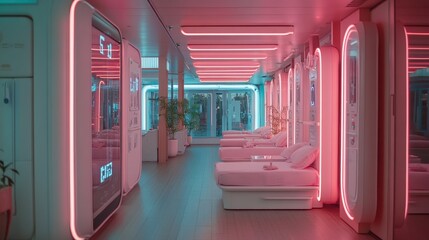 Fototapeta premium A modern, serene wellness space illuminated with vibrant pink and blue neon lights, featuring minimalist beds and a clean aesthetic.