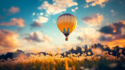 Fototapeta premium Hot air balloon warm light, blue sky with clouds