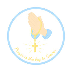 Obraz premium Sticker of hands in prayer with a rosary with a cross. Praying hands united for pray to god. Vector illustration 