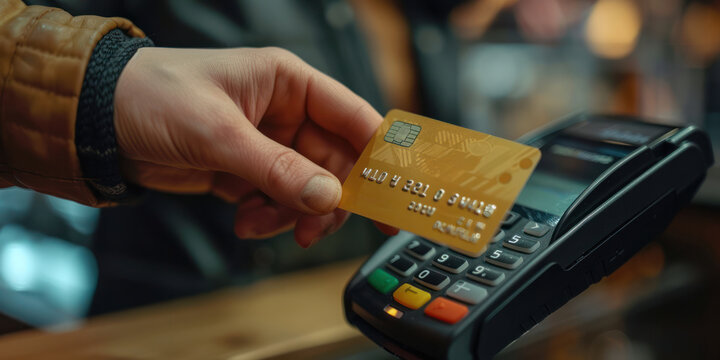 a person's hand holding a credit card and a payment terminal. The focus is on the credit card contactless nfc
