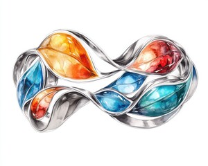 Colorful abstract sculpture with intertwining shapes and vibrant hues in metal.