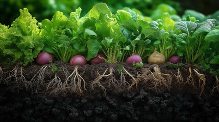 Fresh Organic Vegetables Growing in Soil with Green Leaves and Roots