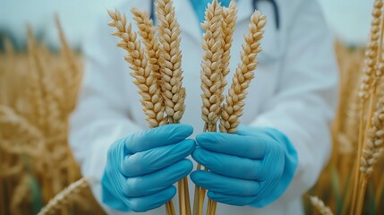 Researcher Holding Wheat Stalks in Agricultural Field Environment