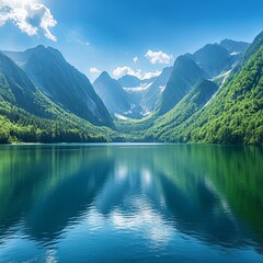 Beautiful lake with gigantic mountains to its sides fresh water lake with green mountains and blue sky in the background