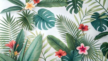 Obraz premium Background of bright composition of tropical leaves and flowers on light background, depicting natural nature, for eco background