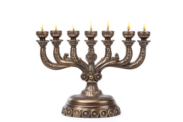 Fototapeta premium Lit hanukkah menorah celebrating the jewish festival of lights, isolated on white