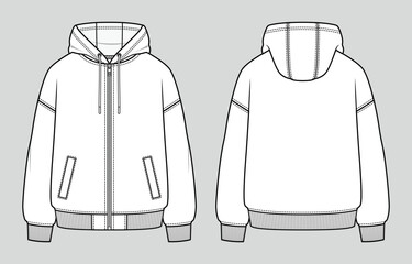 Front zip basic hoodie with kangaroo pocket. Unisex casual clothing. Vector technical sketch. Mockup template.