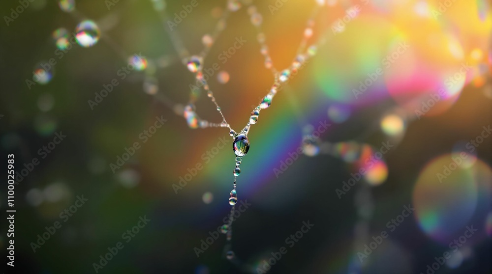 Poster dew drops on the spider web with bokeh light background