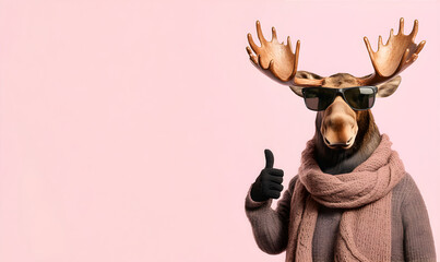 Obraz premium Stylish animal. Elk with a thumbs up wearing sunglasses and scarf on the bright background with copy space. Lifestyle. Winter activity and holidays concept. Background for banner, advertising, flyer.