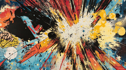 A bold abstract interpretation of comic book sound effects, layered artistically