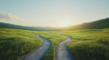 Naklejka premium Winding Road Through Grassy Field at Sunset