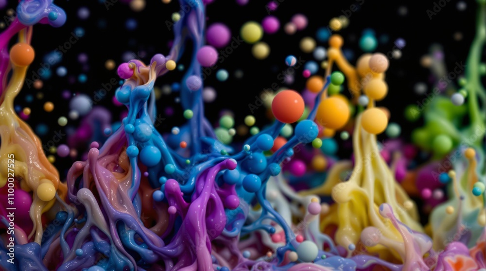 Poster colorful paint splashes isolated on black background. 3d rendering
