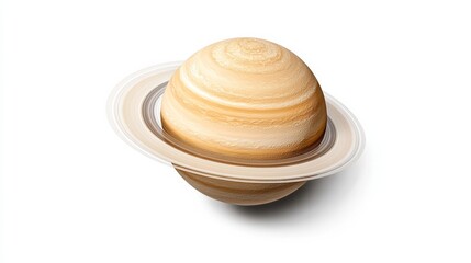 Isolated Planet Saturn on white background, featuring vibrant shades of gold, beige, and muted gray 