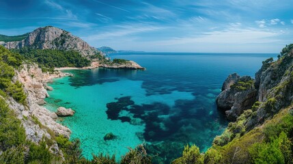 Obraz premium Stunning Panoramic View of a Serene Tropical Beach with Crystal Clear Waters and Rocky Cliffs under a Blue Sky on a Sunny Day