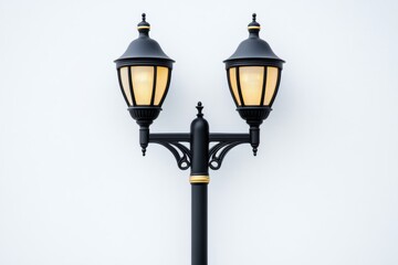 Victorian streetlamp with three ornate lights on plain white background, featuring black and gold hues 