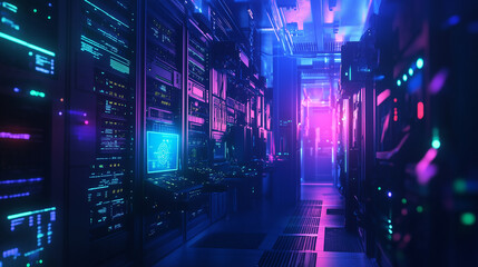 Fototapeta premium Digital Illustration of Global Networking and AI with Computers, Servers, and Networking Equipment 