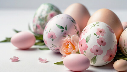 Fototapeta premium Colorful pink painted easter eggs with flowers. Easter background.