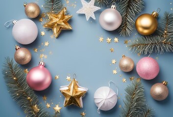 Top view photo of christmas decorations on isolated Blue background with empty space
