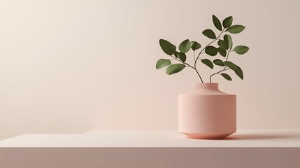 Fototapeta premium A minimalist pink vase holds green leaves, resting on a light-colored surface against a soft, neutral background.