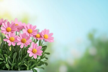 Obraz premium Vibrant Spring Nature Background: lush green, sunny yellow, sky blue, and blooming pink accents 