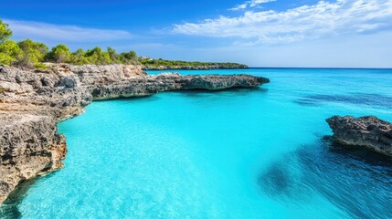 Obraz premium Tranquil Coastal Landscape with Crystal Clear Turquoise Waters and Dramatic Rocky Shoreline Under a Bright Blue Sky in a Serene Natural Setting