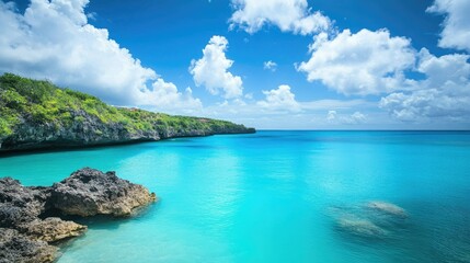 Fototapeta premium Serene Tropical Seascape with Crystal Clear Water and Rocky Coastline Under Bright Blue Sky with Fluffy White Clouds
