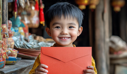 Smiling child holding red envelope in traditional market during lunar new year celebration