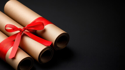 Fototapeta premium Traditional scrolls tied with red ribbon, symbolizing love and heritage. These elegant scrolls evoke sense of history and culture, perfect for gifting or decoration