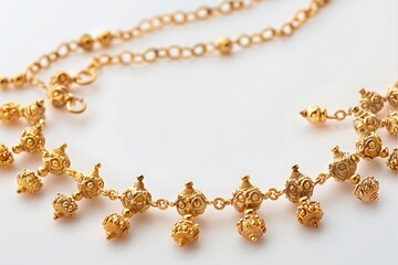 A finely detailed gold anklet with tiny charms, showcased on a matte white background