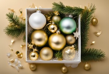 Top view photo of christmas decorations on isolated Gold background