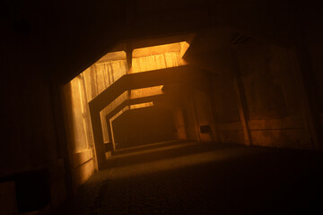 orange sunlight heaven ray of hope from sky and shadow dark room with dust pollution 
