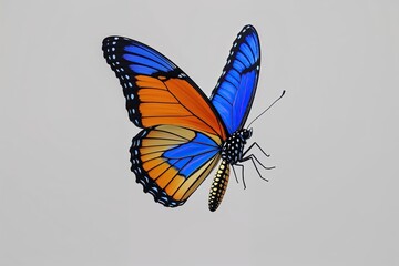 Obraz premium Stunning Blue Yellow Orange Butterfly Soaring Isolated on White Background