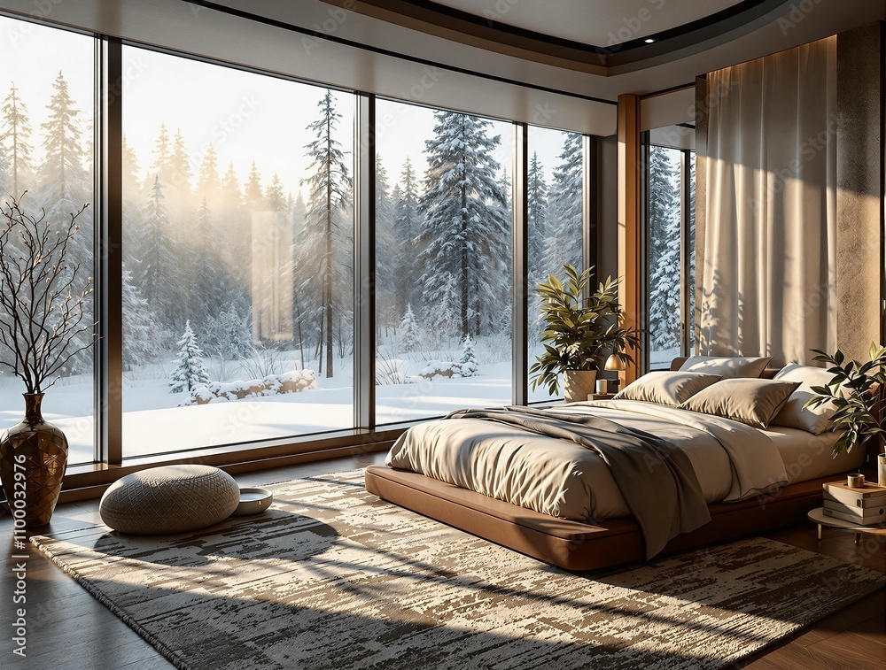Aufkleber 3d rendering cozy bedroom with window overlooking the forest and mountains.