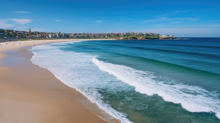 Serene Coastal View of Bondi Beach Under a Clear Blue Sky, Showcasing Gentle Waves and Golden Sand, Perfect for Relaxation and Beach Activities in Australia