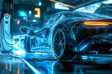 Obraz premium Electric vehicle charging at a station with bright blue electrical currents dancing around the cable medium: