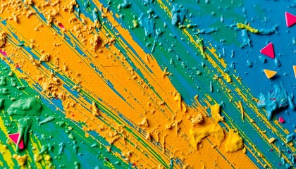 Fototapeta premium Close-up of brushstrokes on a painted canvas, featuring vibrant colors and rough texture with expressive artistic quality