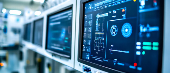 Obraz premium A close-up of medical monitors displaying data and graphs in a modern healthcare environment, showcasing advanced technology and patient monitoring systems.