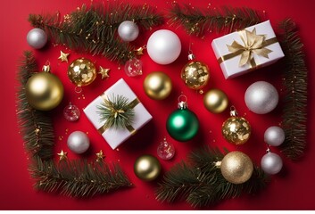 Top view photo of christmas decorations on isolated Red background