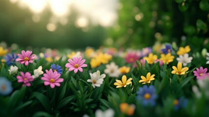 Obraz premium Lush, vibrant flower meadow in spring with blooming wildflowers in shades of pink, yellow, and green 
