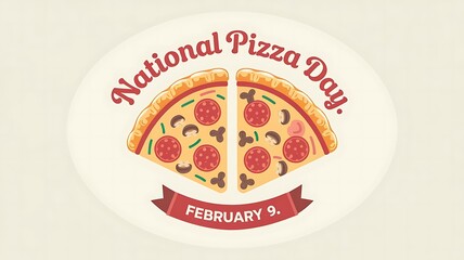 Flat Minimalist Illustration for National Pizza Day with Pepperoni Pizza Slices, Mushrooms, Green Garnishes, and Banner for February 9