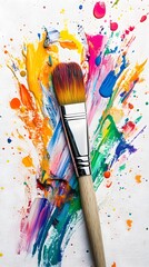 Fototapeta premium A palette with paintbrushes, splattered in vibrant colors of reds and blues, is set against an abstract background filled with colorful shapes and textures