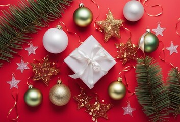 Top view photo of christmas decorations on isolated Red background