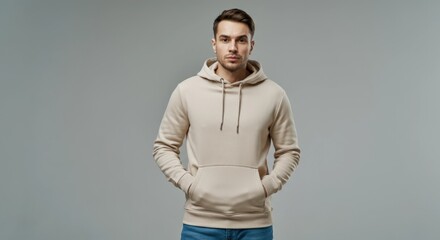 Fototapeta premium Man in Beige Hoodie, Casual Fashion