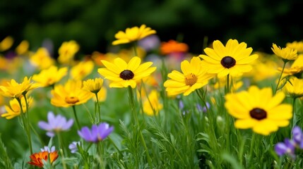 Fototapeta premium Springtime wildflower meadow featuring vibrant yellow, purple, and red blooms under a clear blue sky 