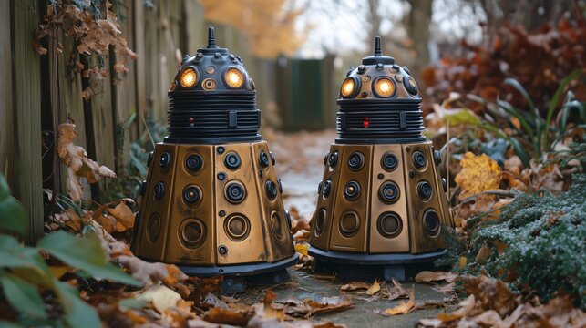 Two daleks standing guard in autumn leaves